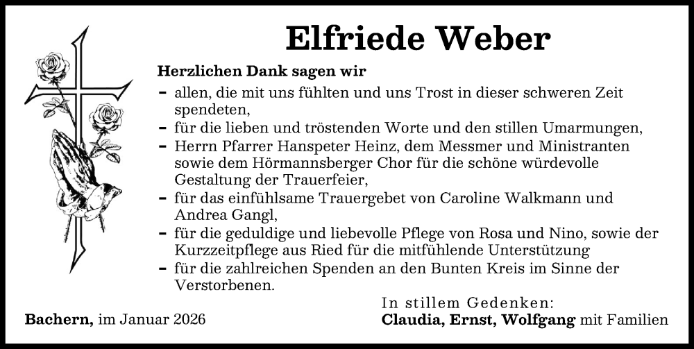  Traueranzeige für Elfriede Weber vom 24.01.2026 aus Friedberger Allgemeine