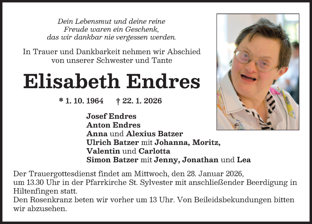  Traueranzeige für Elisabeth Endres vom 27.01.2026 aus Schwabmünchner Allgemeine