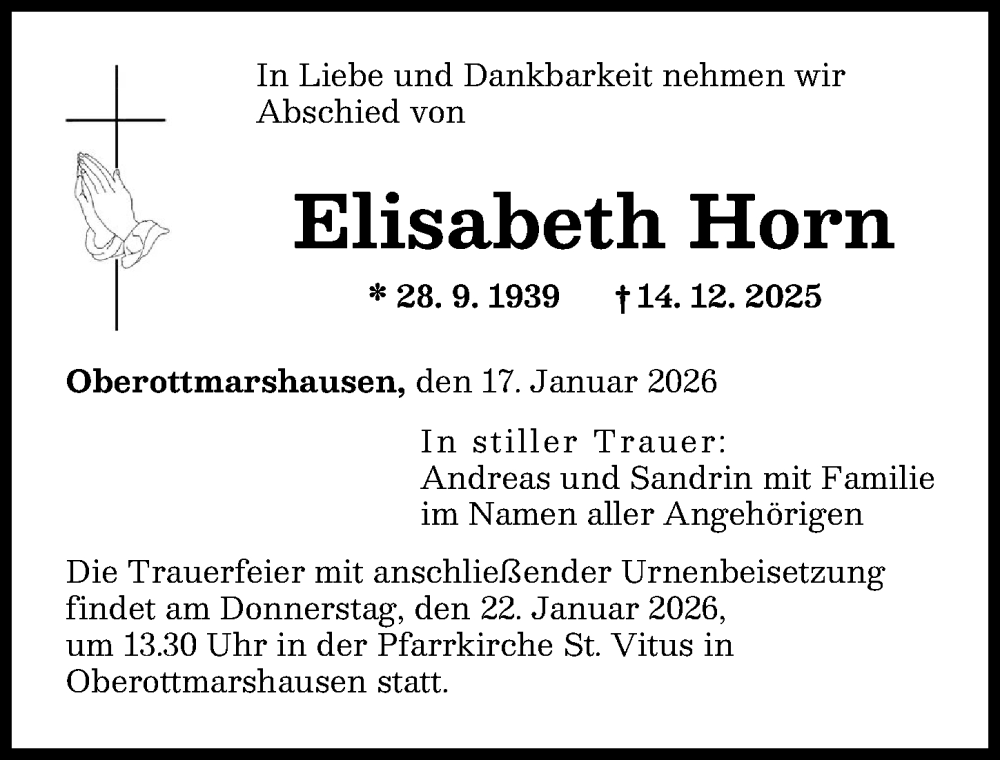  Traueranzeige für Elisabeth Horn vom 17.01.2026 aus Augsburger Allgemeine