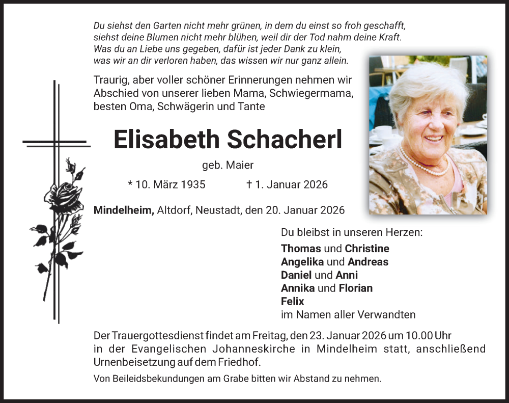  Traueranzeige für Elisabeth Schacherl vom 20.01.2026 aus Mindelheimer Zeitung