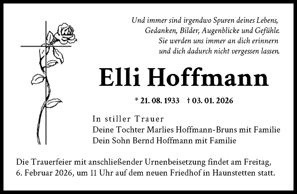  Traueranzeige für Elli Hoffmann vom 31.01.2026 aus Augsburger Allgemeine