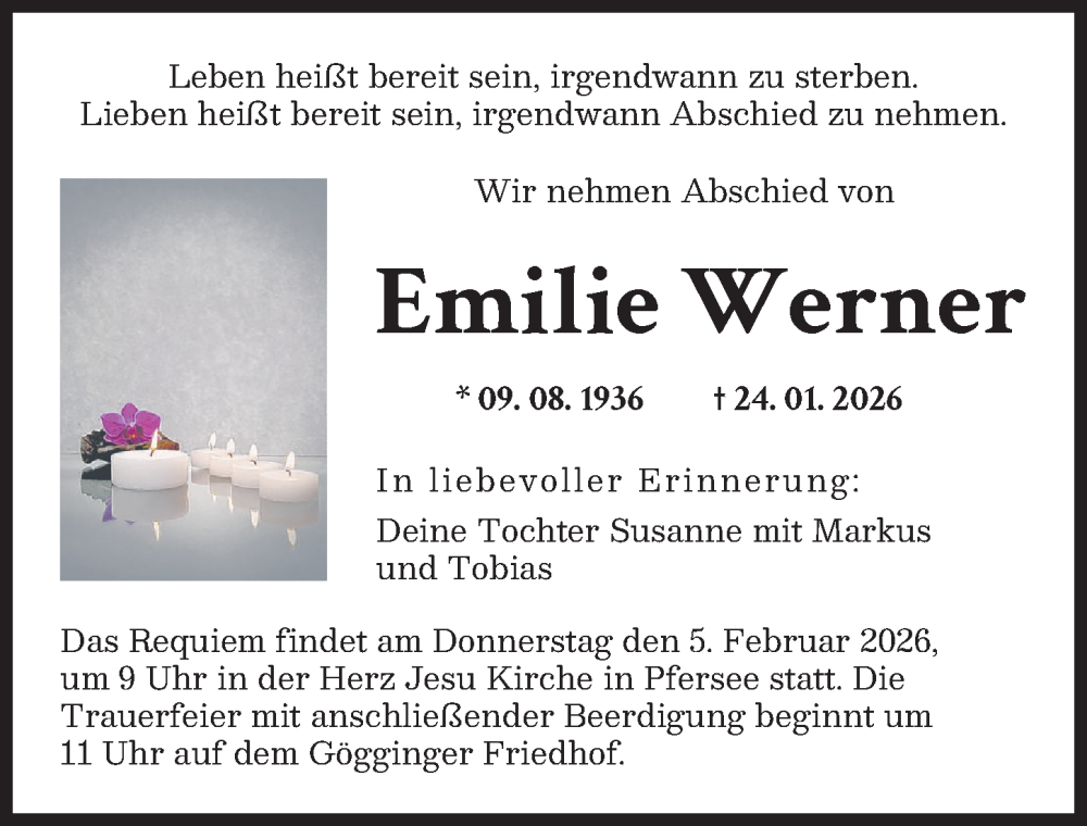  Traueranzeige für Emilie Werner vom 31.01.2026 aus Augsburger Allgemeine
