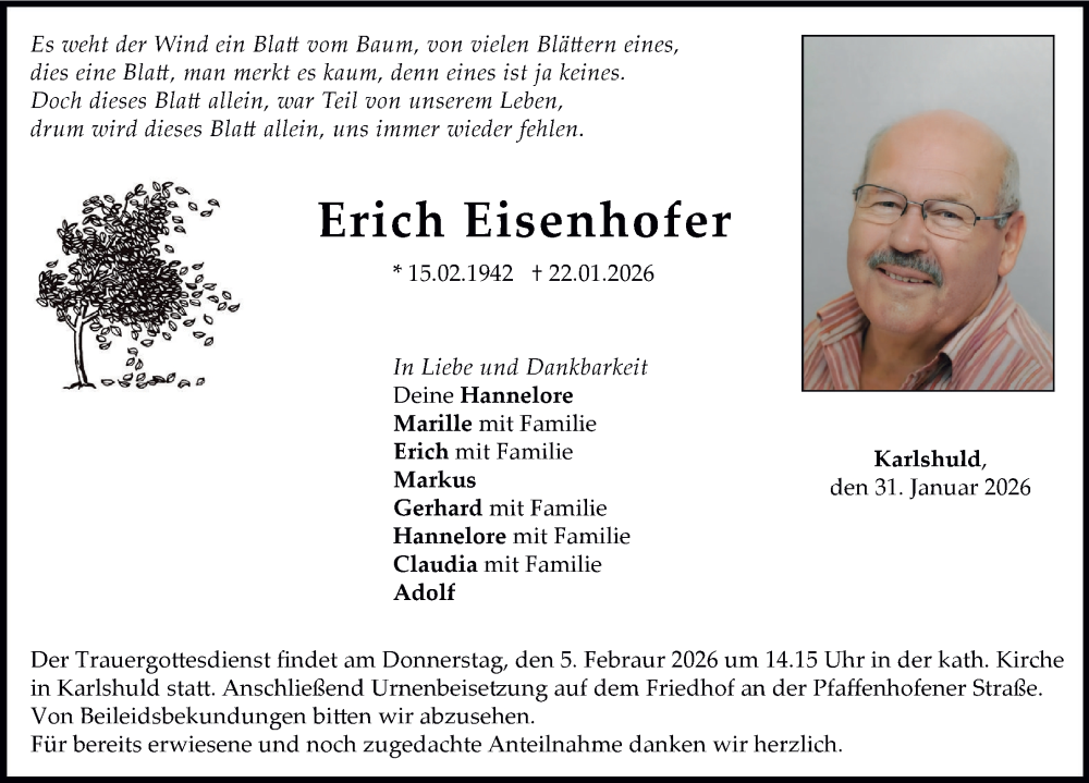  Traueranzeige für Erich Eisenhofer vom 31.01.2026 aus Neuburger Rundschau