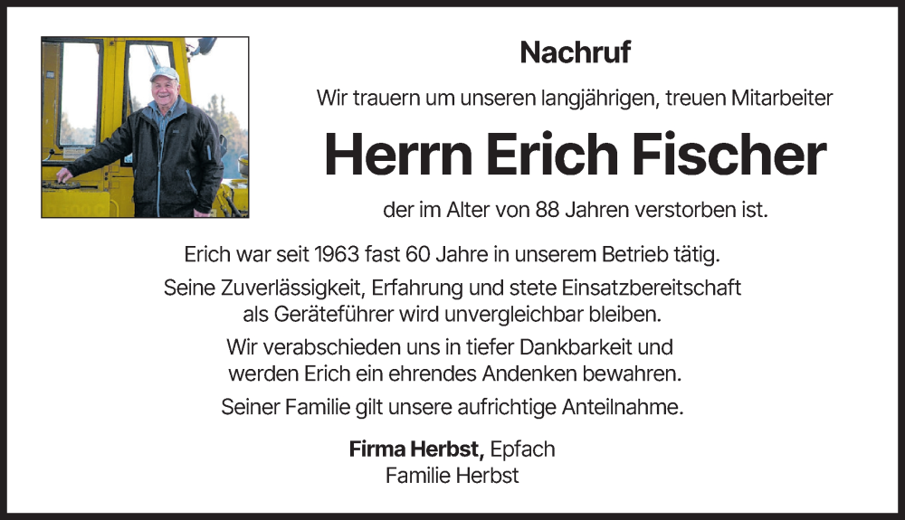 Traueranzeige für Erich Fischer vom 21.01.2026 aus Landsberger Tagblatt
