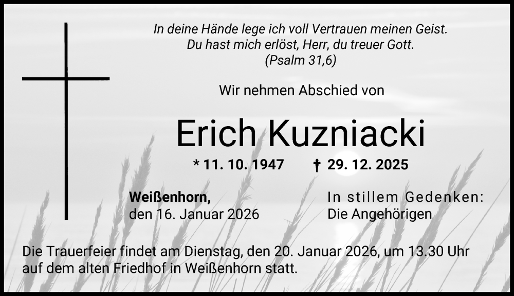  Traueranzeige für Erich Kuzniacki vom 16.01.2026 aus Neu-Ulmer Zeitung