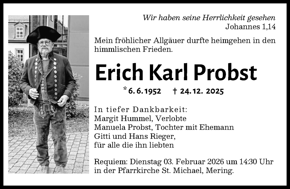  Traueranzeige für Erich Karl Probst vom 24.01.2026 aus Augsburger Allgemeine