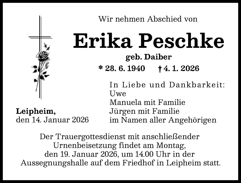  Traueranzeige für Erika Peschke vom 14.01.2026 aus Günzburger Zeitung
