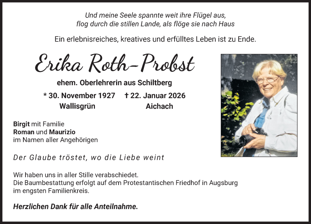  Traueranzeige für Erika Roth-Probst vom 31.01.2026 aus Aichacher Nachrichten