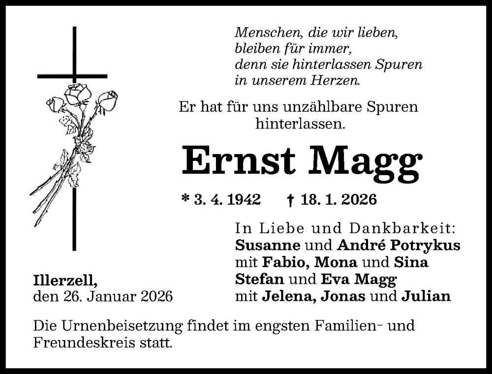  Traueranzeige für Ernst Magg vom 26.01.2026 aus Neu-Ulmer Zeitung, Illertisser Zeitung