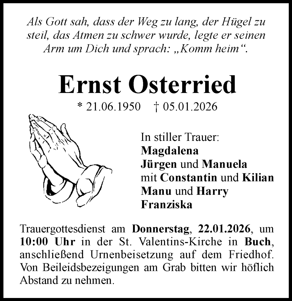  Traueranzeige für Ernst Osterried vom 17.01.2026 aus Neu-Ulmer Zeitung
