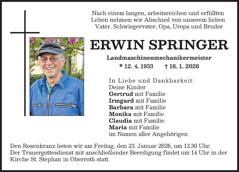  Traueranzeige für Erwin Springer vom 21.01.2026 aus Illertisser Zeitung