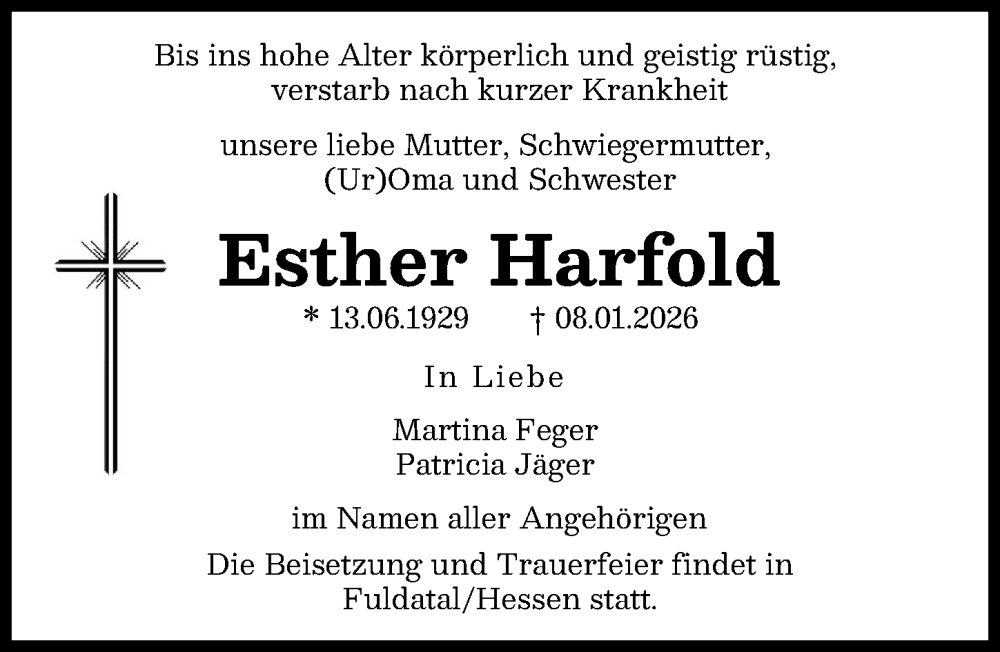  Traueranzeige für Esther Harfold vom 17.01.2026 aus Schwabmünchner Allgemeine