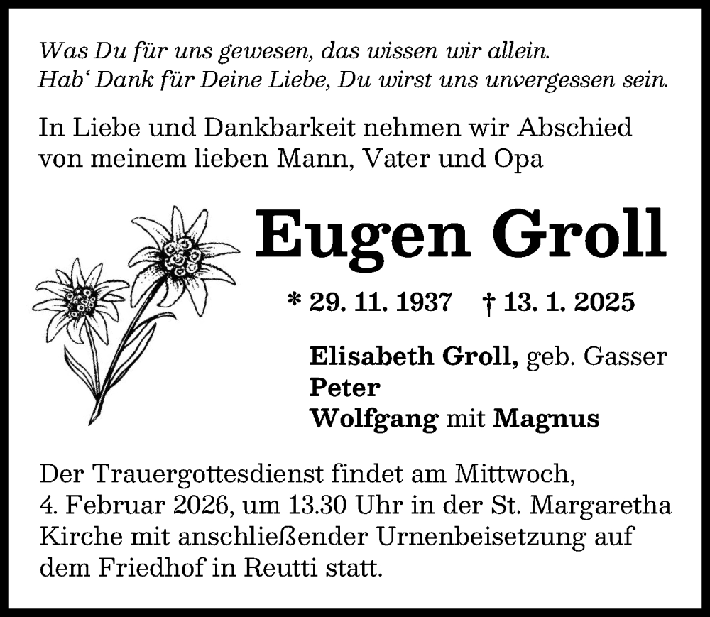  Traueranzeige für Eugen Groll vom 31.01.2026 aus Augsburger Allgemeine, Neu-Ulmer Zeitung