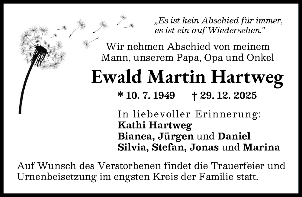  Traueranzeige für Ewald Martin Hartweg vom 17.01.2026 aus Friedberger Allgemeine