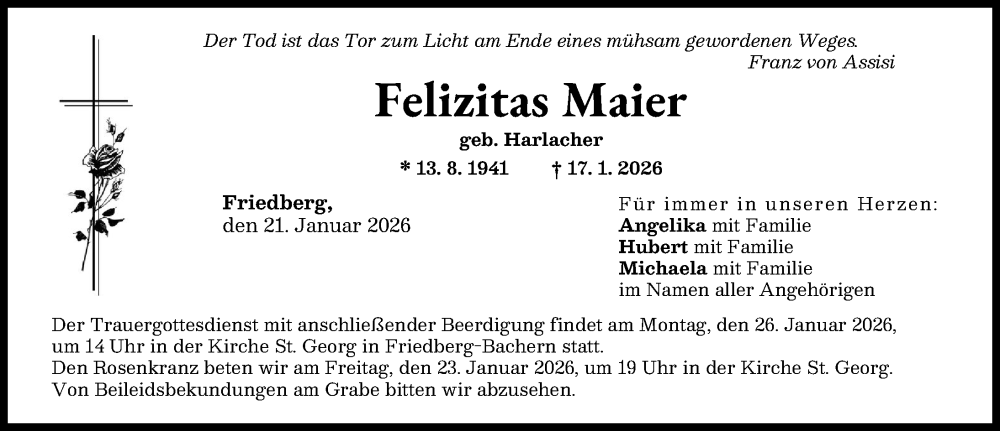  Traueranzeige für Felizitas Maier vom 21.01.2026 aus Friedberger Allgemeine