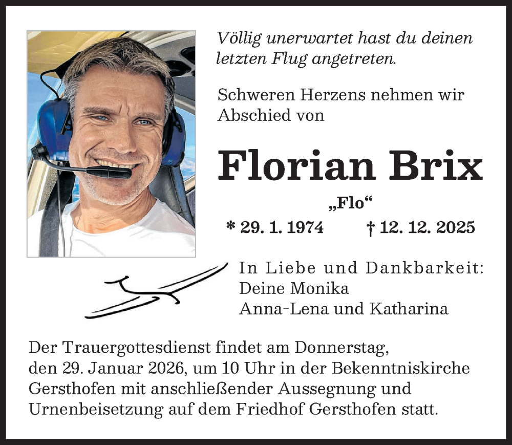  Traueranzeige für Florian Brix vom 10.01.2026 aus Augsburger Allgemeine