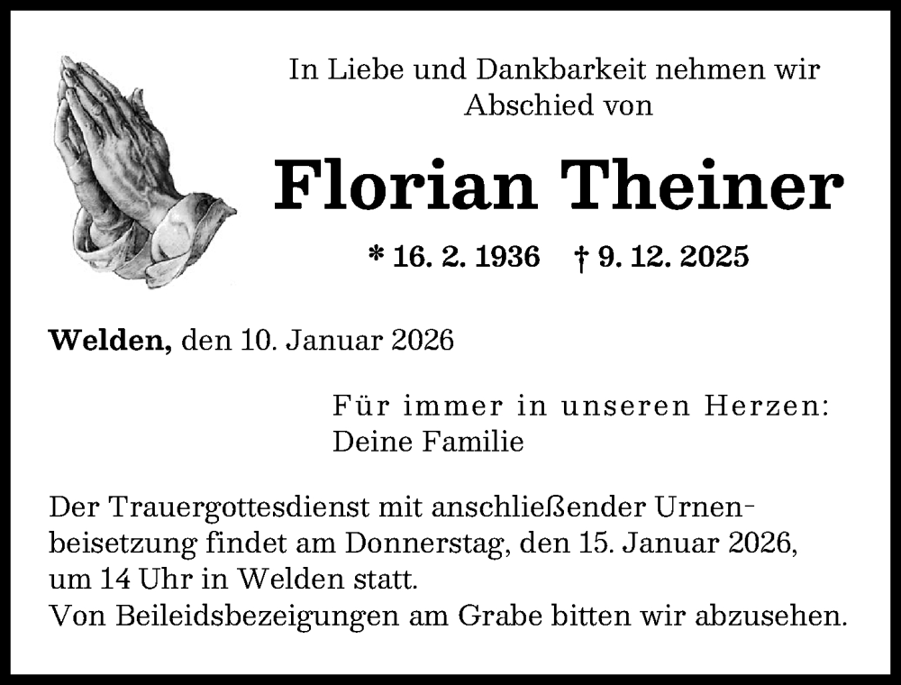  Traueranzeige für Florian Theiner vom 10.01.2026 aus Augsburg-Land