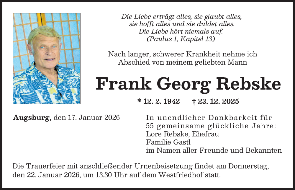  Traueranzeige für Frank Georg Rebske vom 17.01.2026 aus Augsburger Allgemeine
