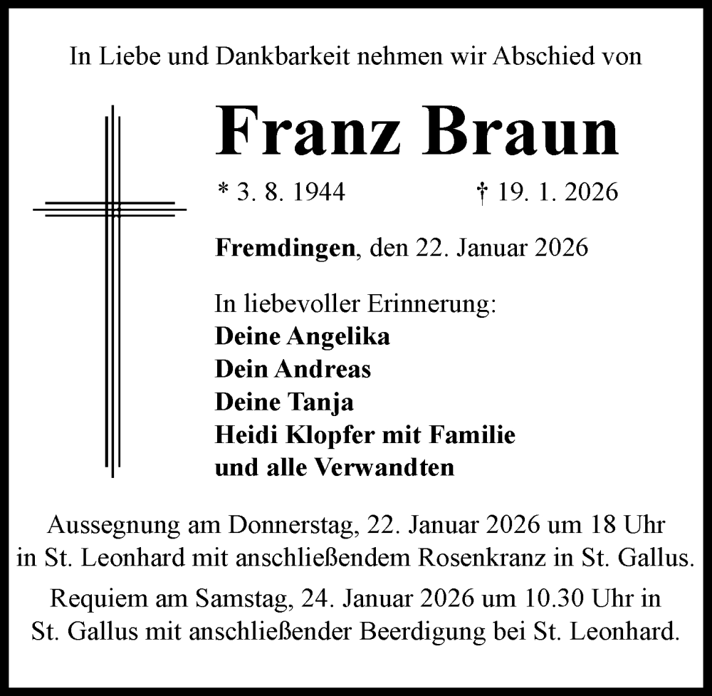  Traueranzeige für Franz Braun vom 22.01.2026 aus Rieser Nachrichten