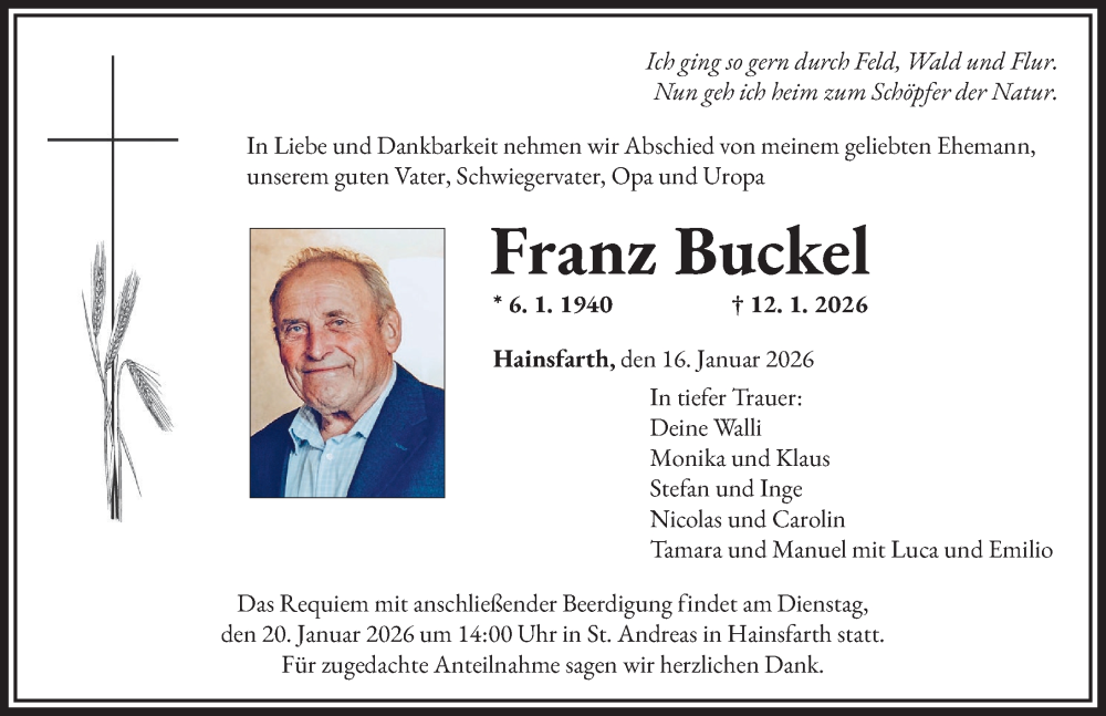  Traueranzeige für Franz Buckel vom 16.01.2026 aus Rieser Nachrichten