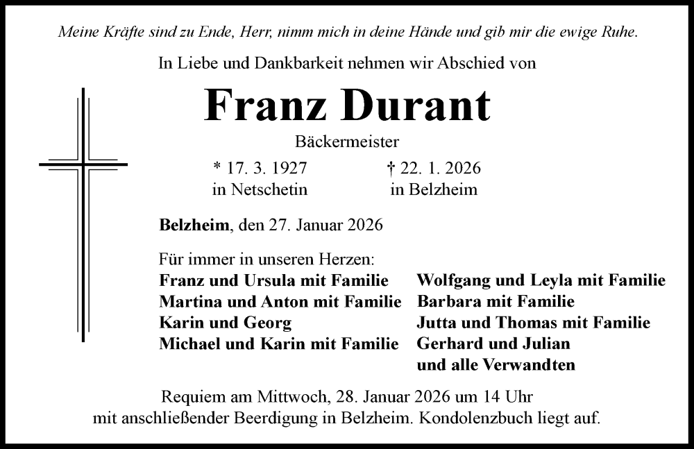  Traueranzeige für Franz Durant vom 27.01.2026 aus Rieser Nachrichten