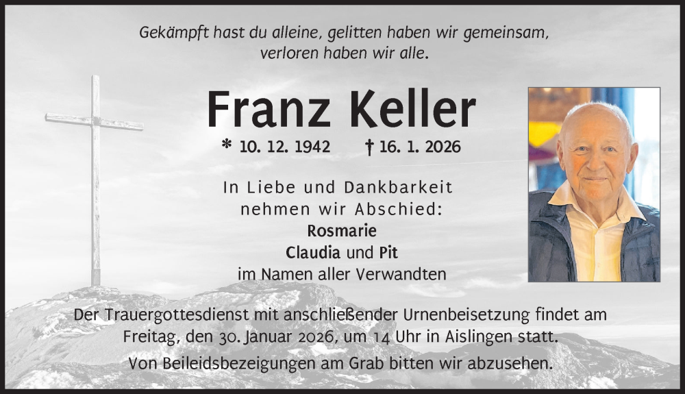  Traueranzeige für Franz Keller vom 27.01.2026 aus Donau Zeitung