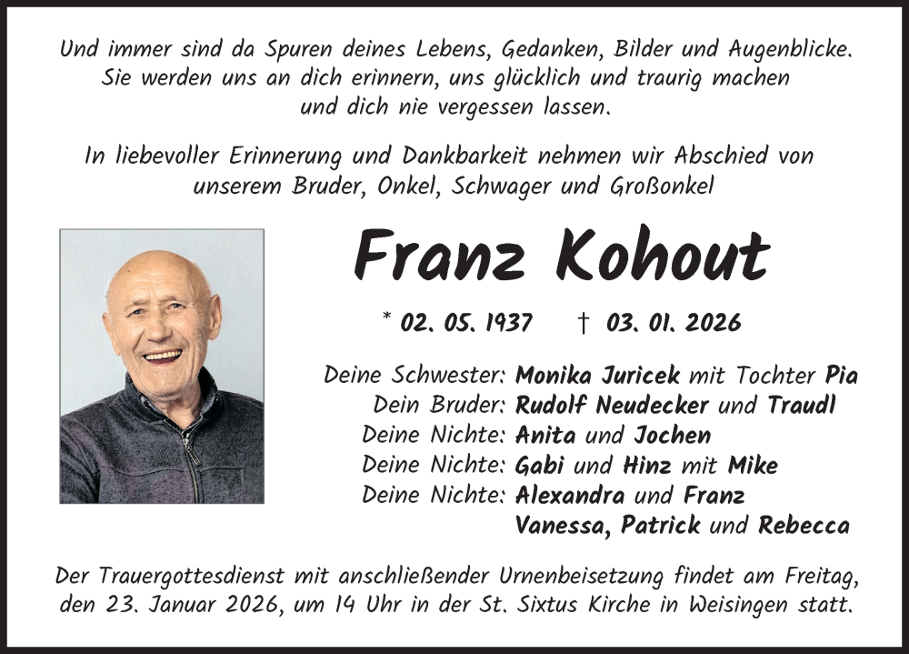  Traueranzeige für Franz Kohout vom 20.01.2026 aus Donau Zeitung