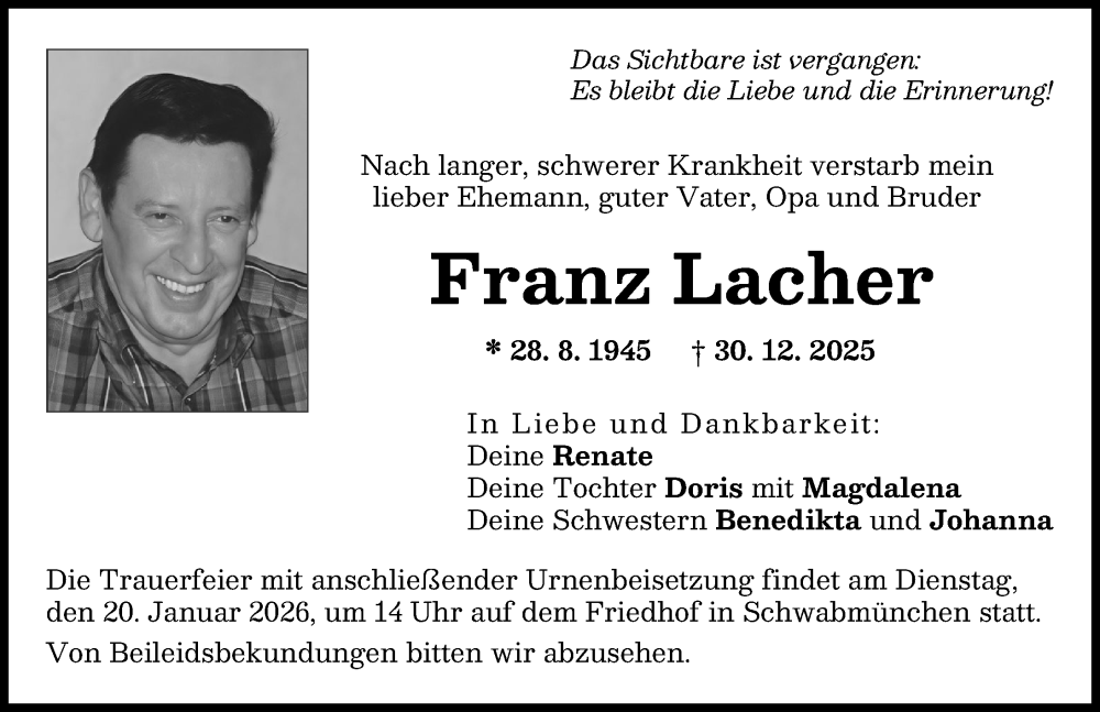  Traueranzeige für Franz Lacher vom 17.01.2026 aus Schwabmünchner Allgemeine