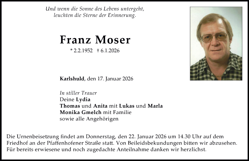  Traueranzeige für Franz Moser vom 17.01.2026 aus Neuburger Rundschau