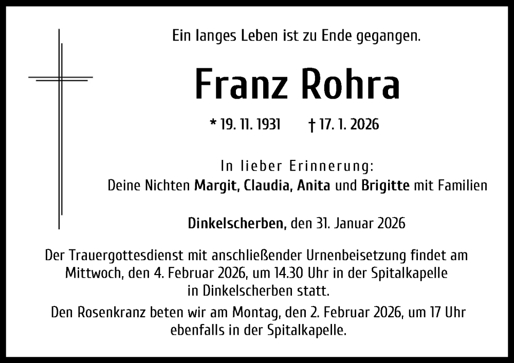  Traueranzeige für Franz Rohra vom 31.01.2026 aus Augsburg-Land