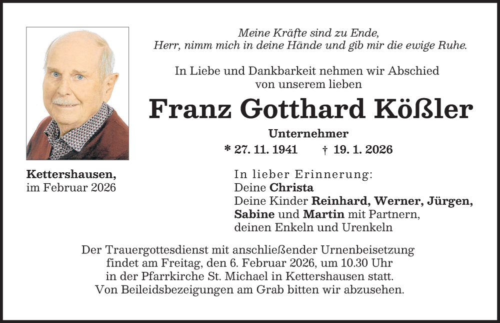  Traueranzeige für Franz Gotthard Kößler vom 31.01.2026 aus Illertisser Zeitung