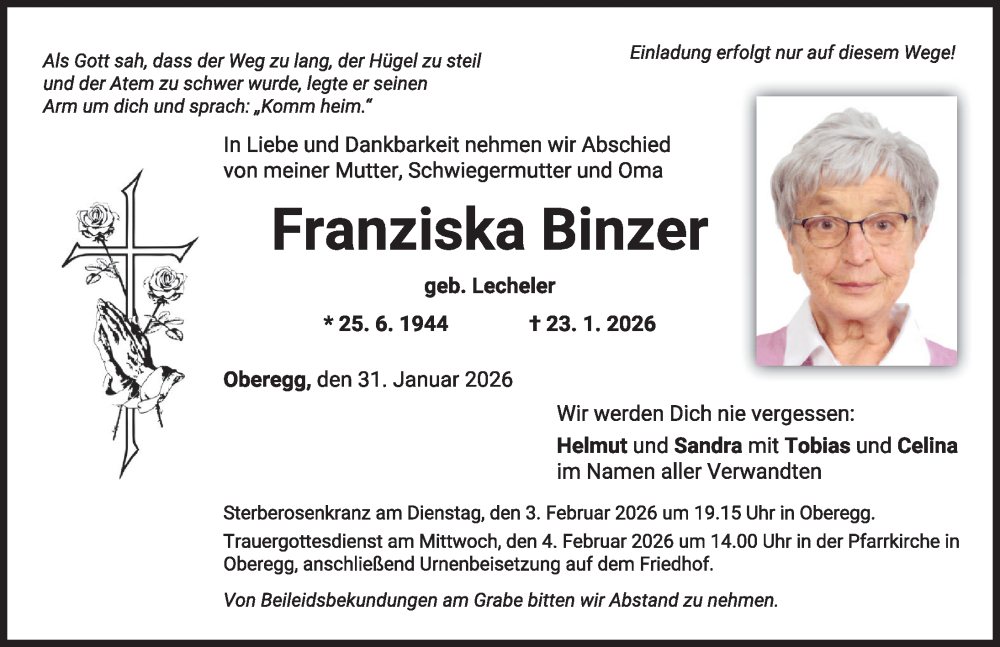 Traueranzeige für Franziska Binzer vom 31.01.2026 aus Mindelheimer Zeitung