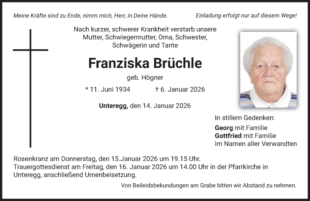  Traueranzeige für Franziska Brüchle vom 14.01.2026 aus Mindelheimer Zeitung