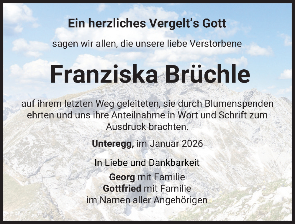  Traueranzeige für Franziska Brüchle vom 27.01.2026 aus Mindelheimer Zeitung