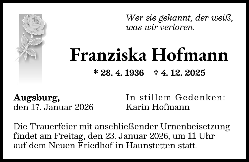  Traueranzeige für Franziska Hofmann vom 17.01.2026 aus Augsburger Allgemeine