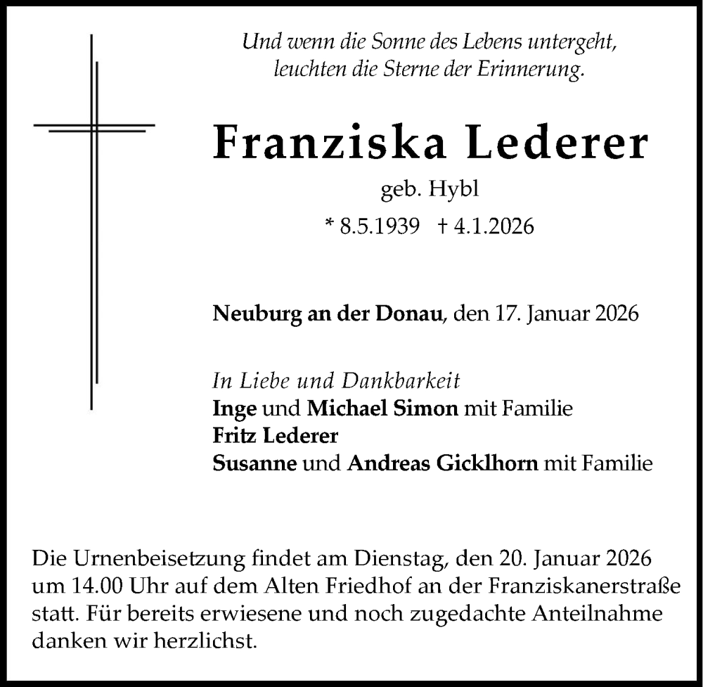  Traueranzeige für Franziska Lederer vom 17.01.2026 aus Neuburger Rundschau