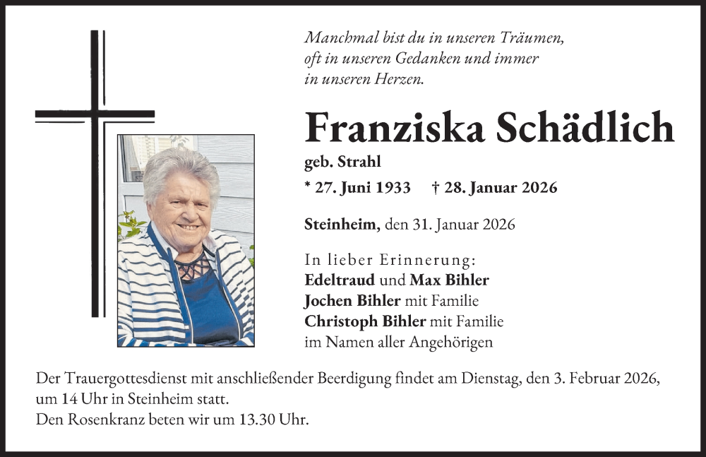  Traueranzeige für Franziska Schädlich vom 31.01.2026 aus Donau Zeitung