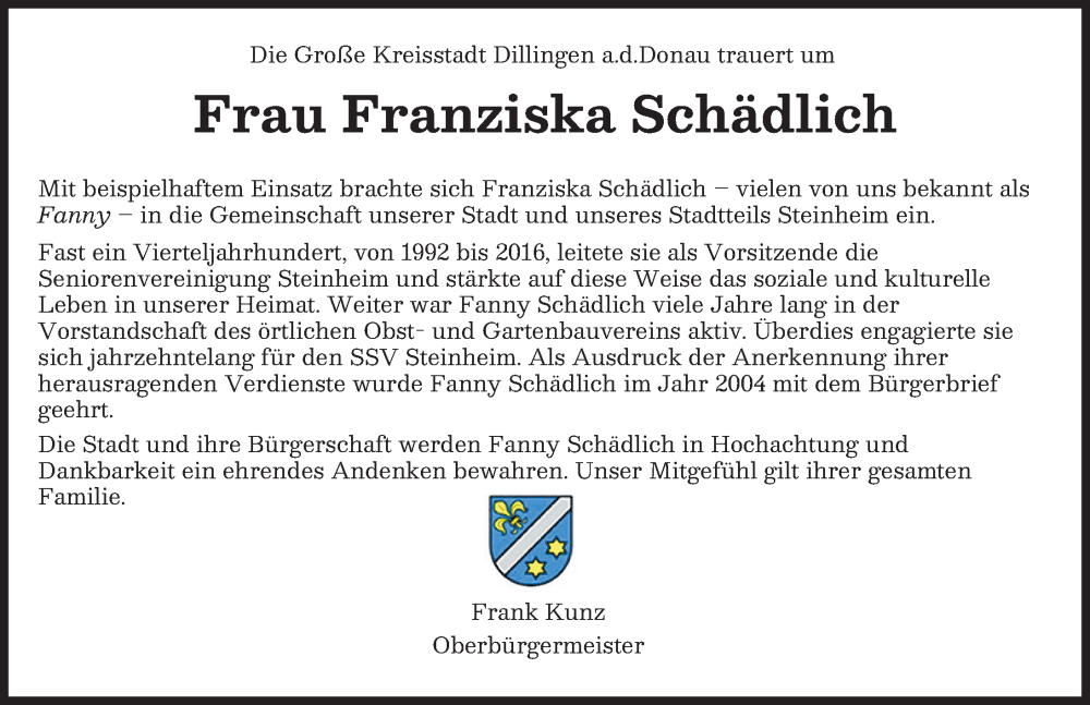  Traueranzeige für Franziska Schädlich vom 31.01.2026 aus Donau Zeitung
