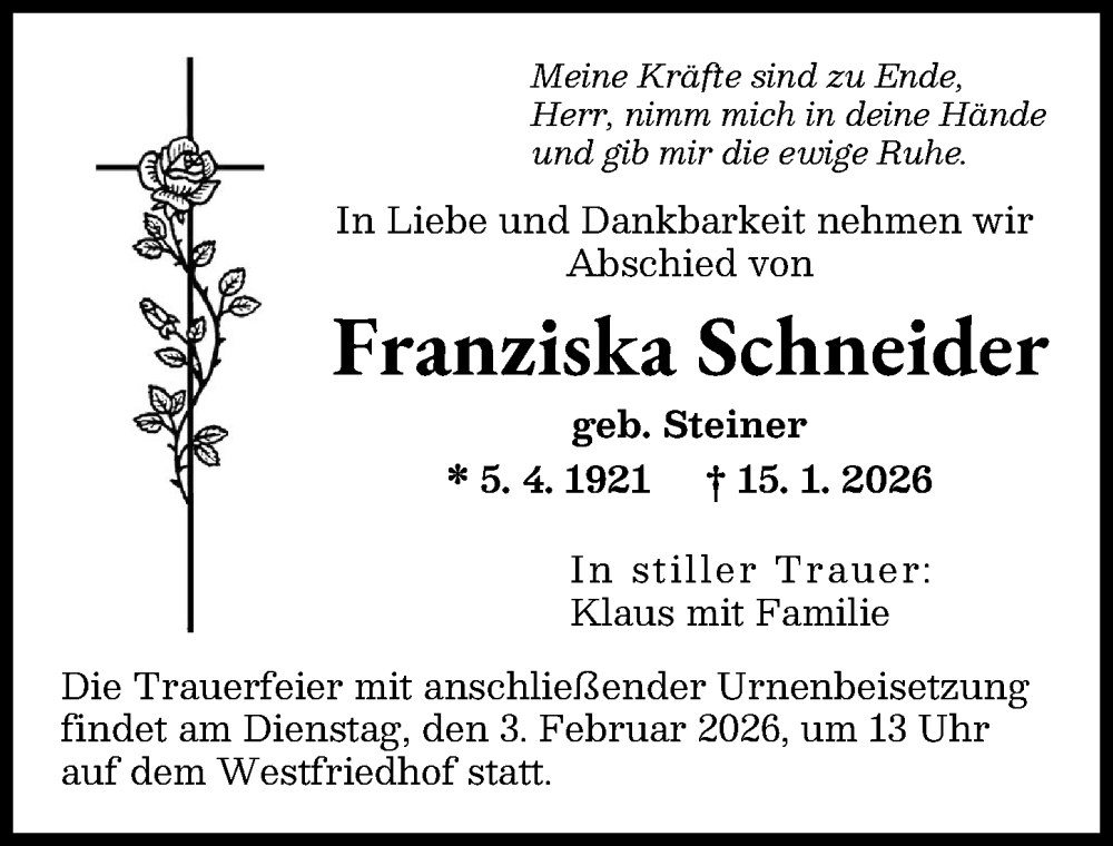  Traueranzeige für Franziska Schneider vom 31.01.2026 aus Augsburger Allgemeine