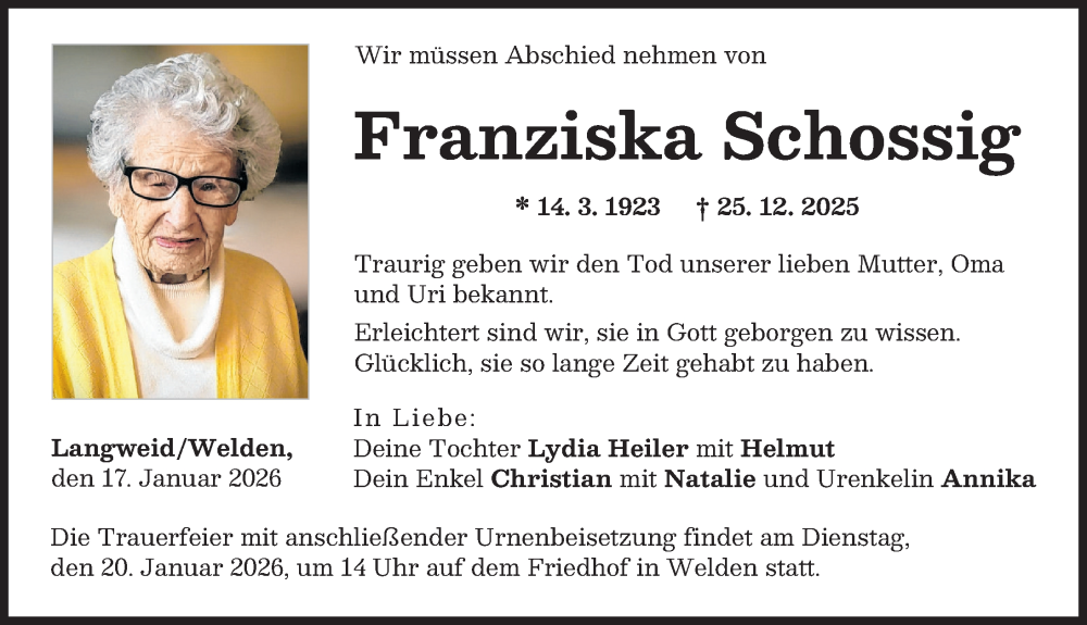  Traueranzeige für Franziska Schossig vom 17.01.2026 aus Augsburg-Land