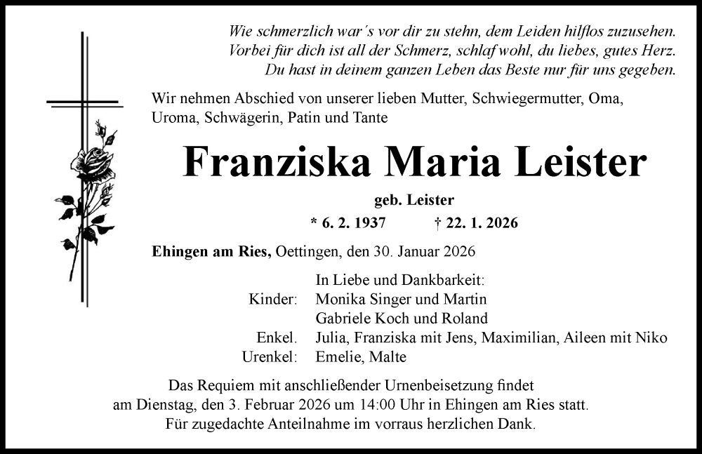  Traueranzeige für Franziska Maria Leister vom 30.01.2026 aus Rieser Nachrichten