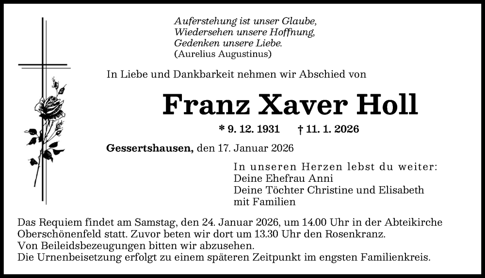  Traueranzeige für Franz Xaver Holl vom 17.01.2026 aus Augsburger Allgemeine
