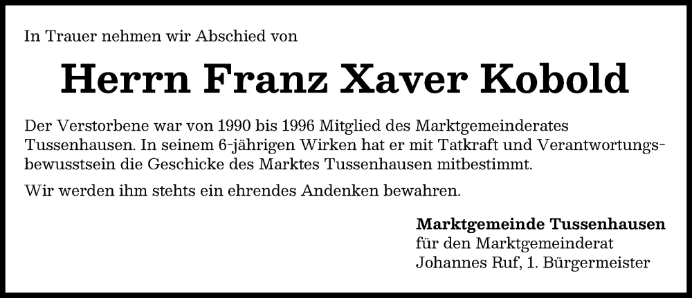  Traueranzeige für Franz Xaver Kobold vom 13.01.2026 aus Mindelheimer Zeitung