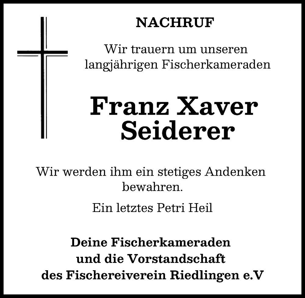Traueranzeige von Franz Xaver Seiderer von Donauwörther Zeitung