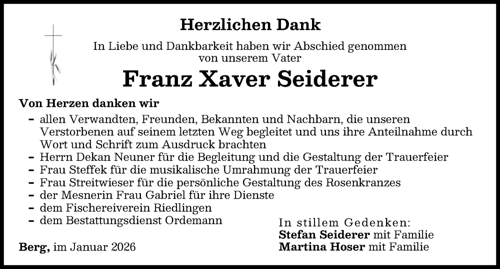 Traueranzeige von Franz Xaver Seiderer von Donauwörther Zeitung