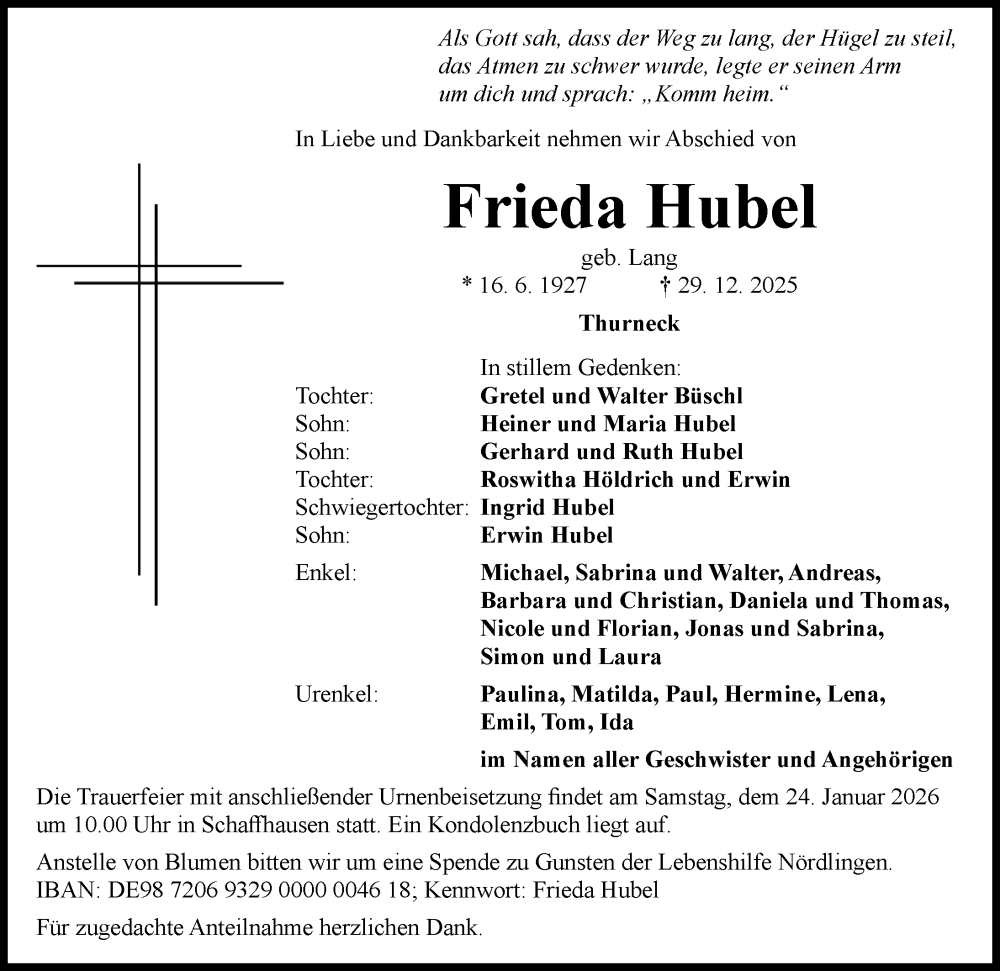  Traueranzeige für Frieda Hubel vom 21.01.2026 aus Rieser Nachrichten
