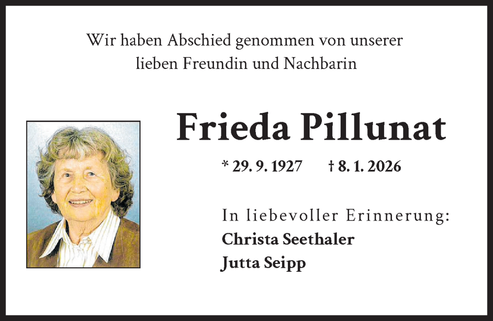  Traueranzeige für Frieda Pillunat vom 29.01.2026 aus Illertisser Zeitung