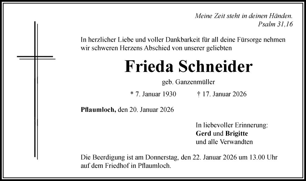  Traueranzeige für Frieda Schneider vom 20.01.2026 aus Rieser Nachrichten