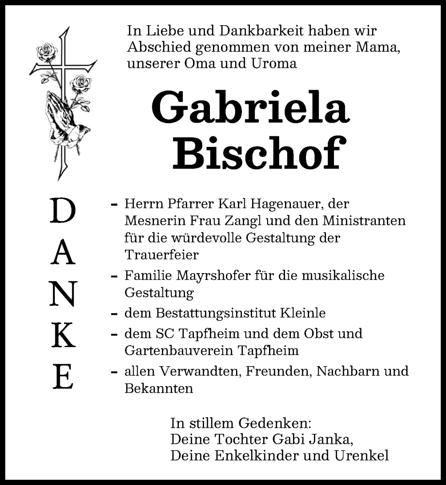 Traueranzeige von Gabriela Bischof von Donauwörther Zeitung, Donau Zeitung
