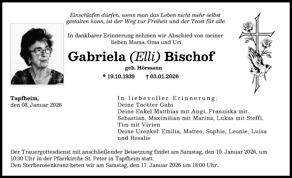 Traueranzeige von Gabriela Bischof von Donau Zeitung, Donauwörther Zeitung